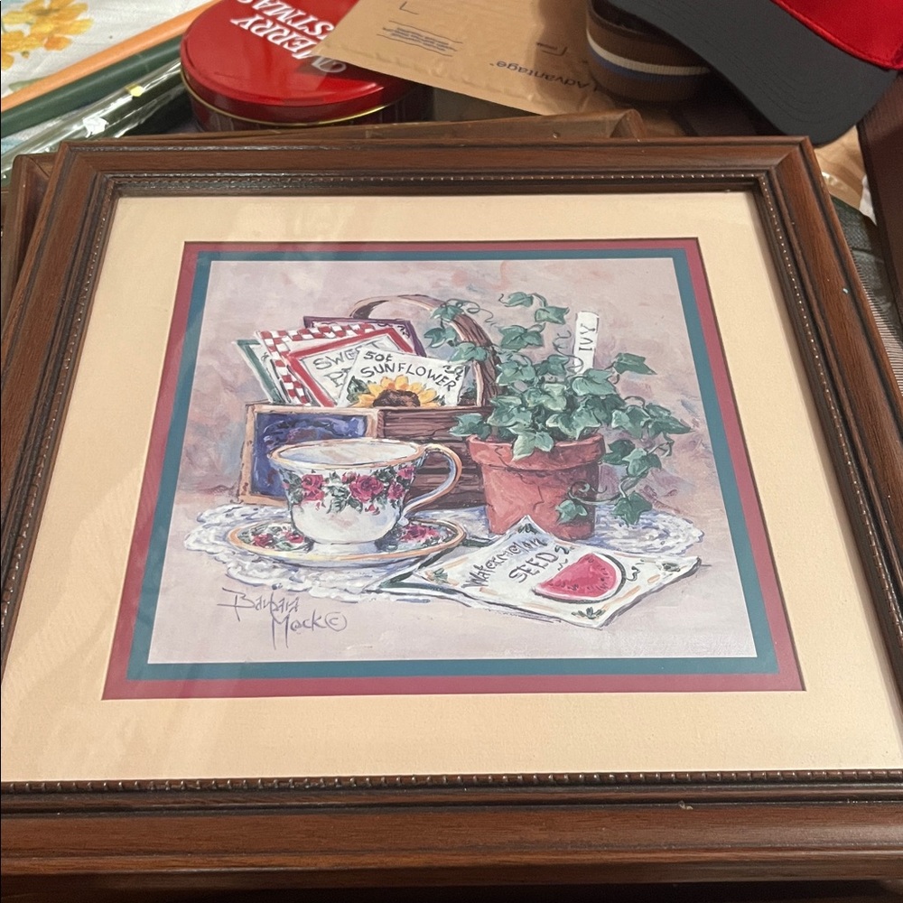 Vintage Barbara Mock Framed Print Floral Teacup Ivy Plant Gardening Country Chic